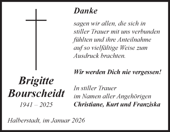 Traueranzeige von Brigitte Bourscheidt von Volksstimme Halberstadt