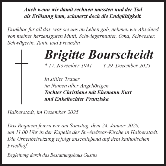 Traueranzeige von Brigitte Bourscheidt von Volksstimme Halberstadt