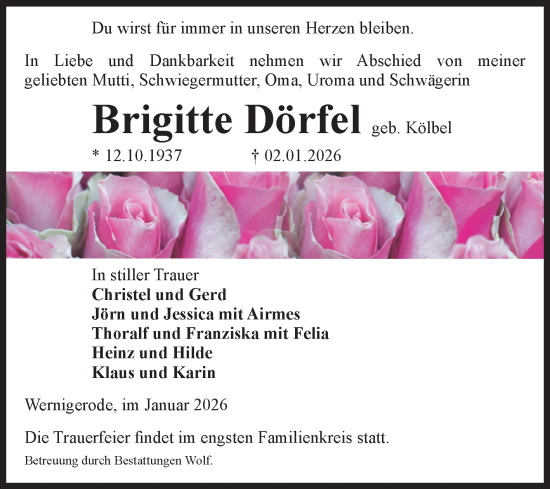 Traueranzeige von Brigitte Dörfel von Volksstimme Wernigerode