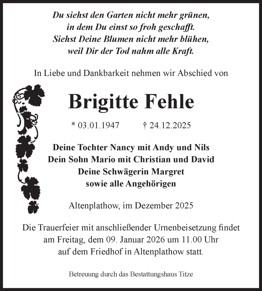  Traueranzeige für Brigitte Fehle vom 03.01.2026 aus Volksstimme Burg/Genthin