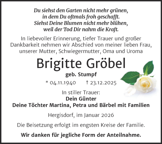 Traueranzeige von Brigitte Gröbel von Trauerkombi Mansfelder Land