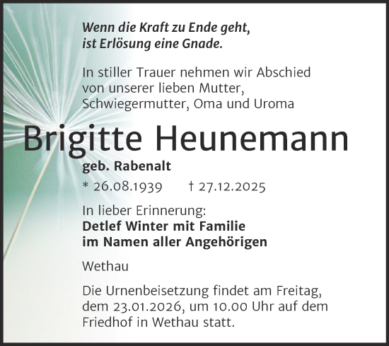 Traueranzeige von Brigitte Heunemann von Naumburger Tageblatt