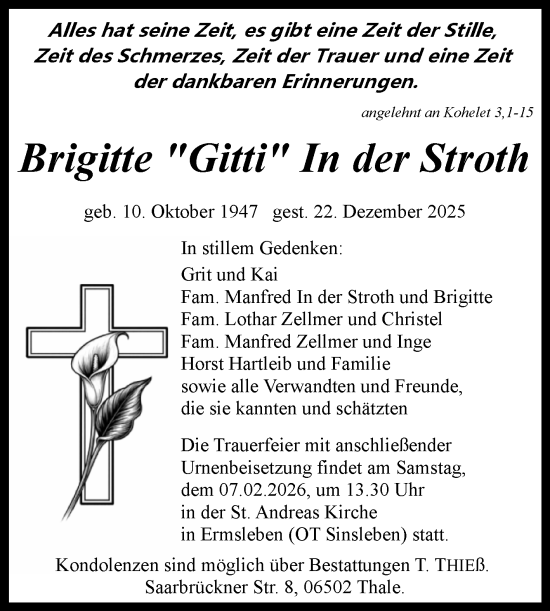 Traueranzeige von Brigitte In der Stroth von Trauerkombi Quedlinburg