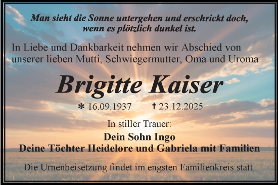 Traueranzeige von Brigitte Kaiser von Trauerkombi Wittenberg