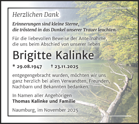 Traueranzeige von Brigitte Kalinke von Super Sonntag Naumburg/Nebra