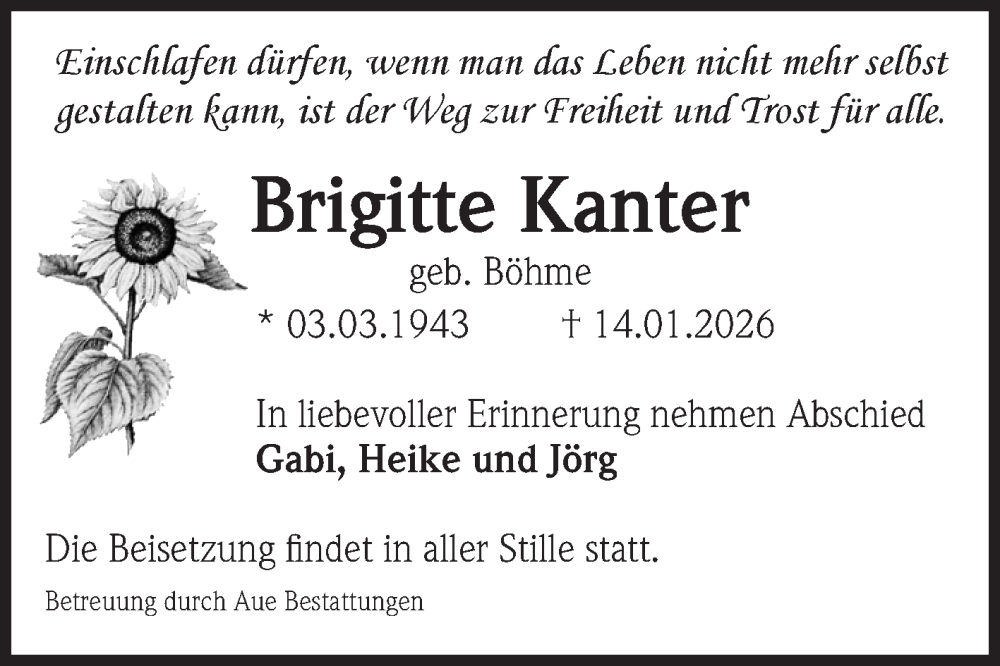  Traueranzeige für Brigitte Kanter vom 24.01.2026 aus Volksstimme Magdeburg