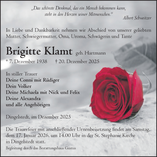 Traueranzeige von Brigitte Klamt von Volksstimme Halberstadt