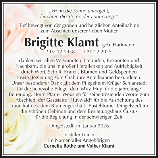 Traueranzeige von Brigitte Klamt von Volksstimme Halberstadt