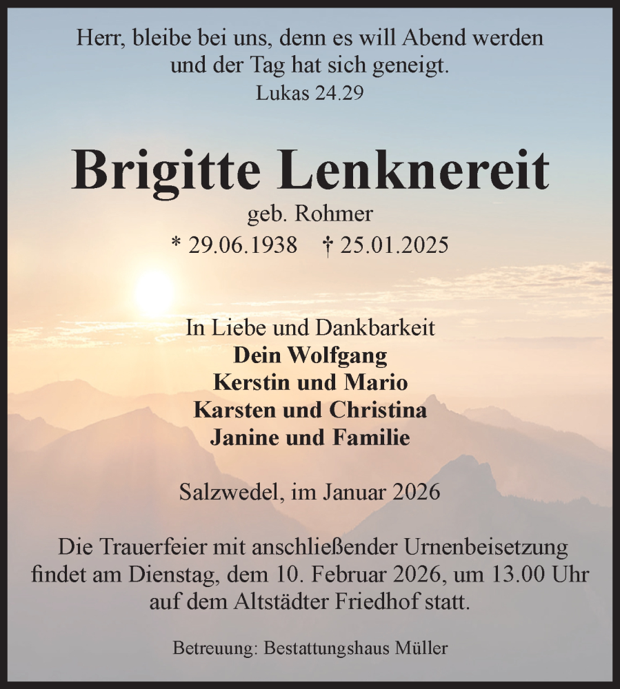  Traueranzeige für Brigitte Lenknereit vom 28.01.2026 aus Volksstimme Altmark West