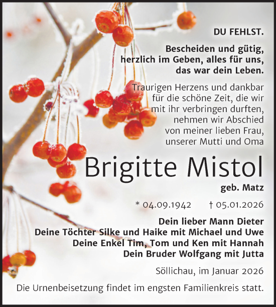 Traueranzeige von Brigitte Mistol von Trauerkombi Wittenberg