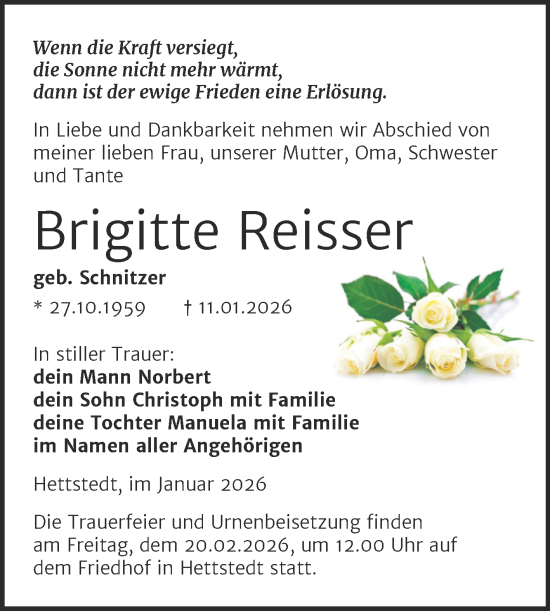 Traueranzeige von Brigitte Reisser von Trauerkombi Mansfelder Land