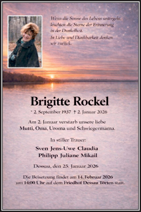 Traueranzeige von Brigitte Rockel von Trauerkombi Dessau