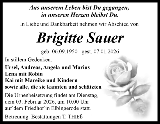 Traueranzeige von Brigitte Sauer von Volksstimme Wernigerode