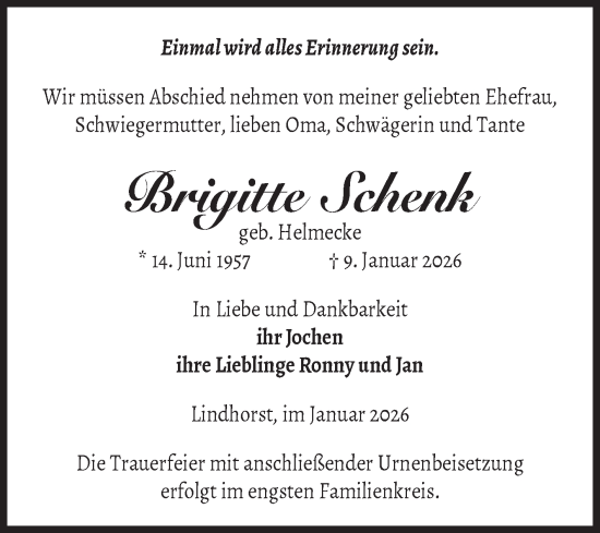 Traueranzeige von Brigitte Schenk von Volksstimme Haldensleben/Wolmirstedt