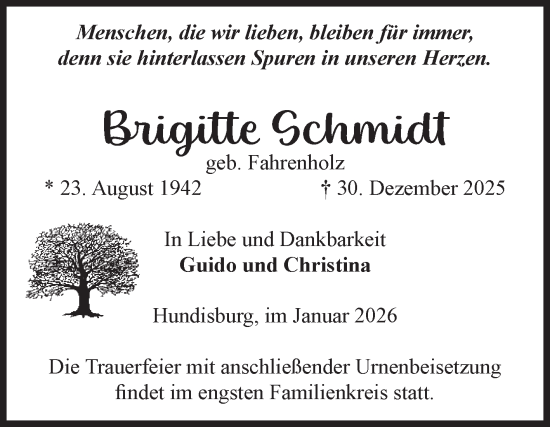 Traueranzeige von Brigitte Schmidt von Volksstimme Haldensleben/Wolmirstedt