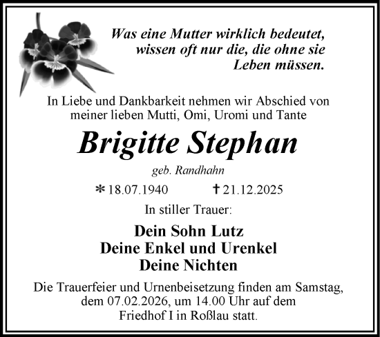 Traueranzeige von Brigitte Stephan von Trauerkombi Dessau
