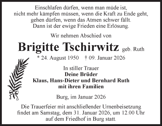 Traueranzeige von Brigitte Tschirwitz von Volksstimme Burg/Genthin