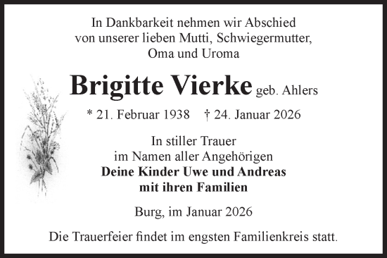 Traueranzeige von Brigitte Vierke von Volksstimme Burg/Genthin