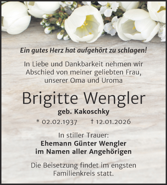 Traueranzeige von Brigitte Wengler von Mitteldeutsche Zeitung Halle/Saalkreis