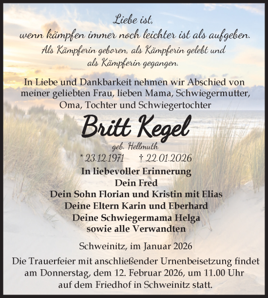 Traueranzeige von Britt Kegel von Volksstimme Zerbst