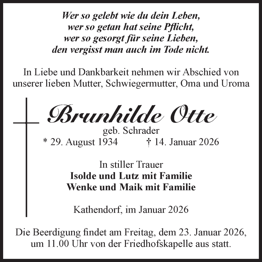  Traueranzeige für Brunhilde Otte vom 17.01.2026 aus Volksstimme Haldensleben/Wolmirstedt