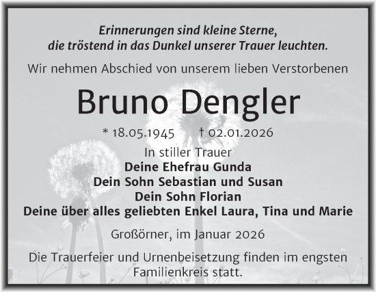 Traueranzeige von Bruno Dengler von Trauerkombi Mansfelder Land