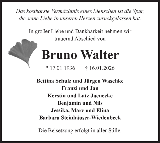 Traueranzeige von Bruno Walter von Volksstimme Burg/Genthin