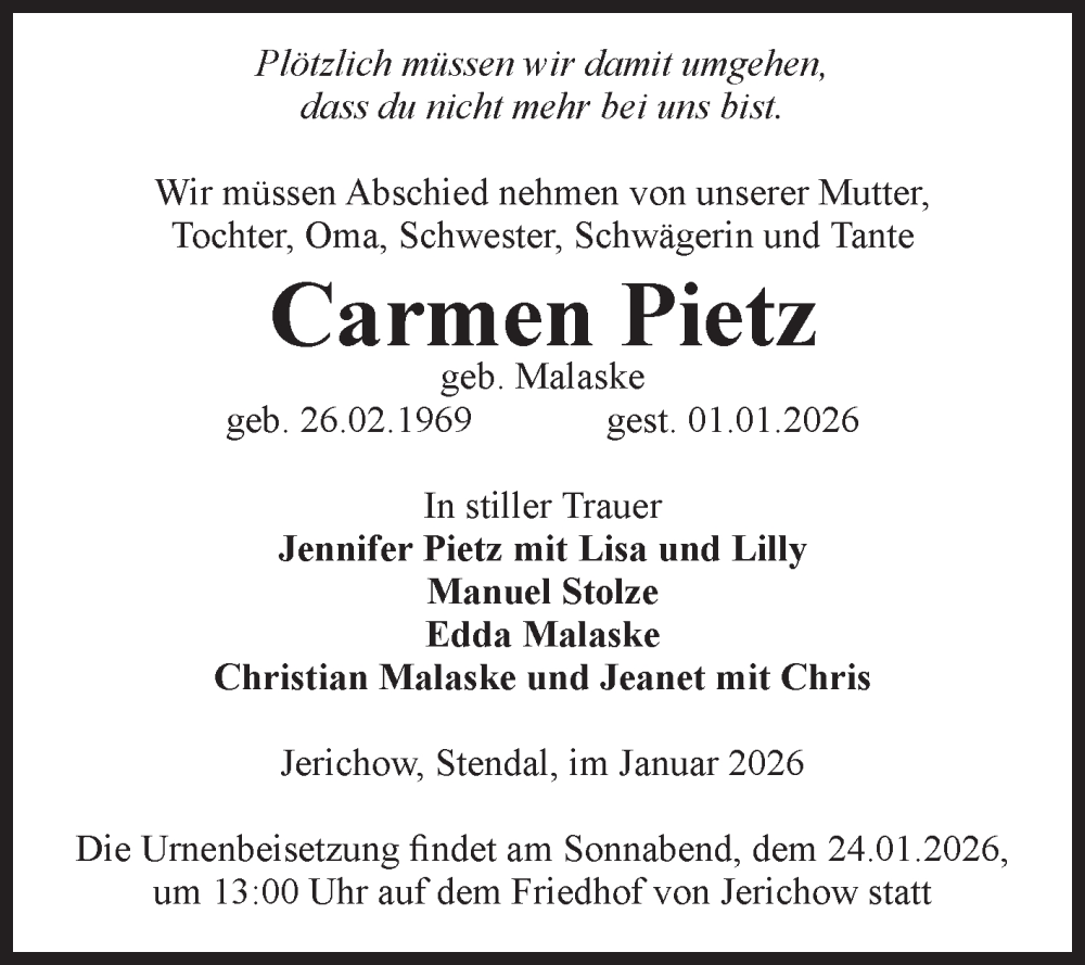  Traueranzeige für Carmen Pietz vom 17.01.2026 aus Volksstimme Burg/Genthin