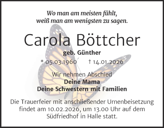 Traueranzeige von Carola Böttcher von Mitteldeutsche Zeitung Halle/Saalkreis