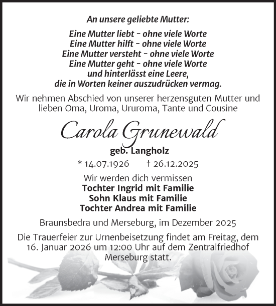 Traueranzeige von Carola Grunewald von Trauerkombi Merseburg
