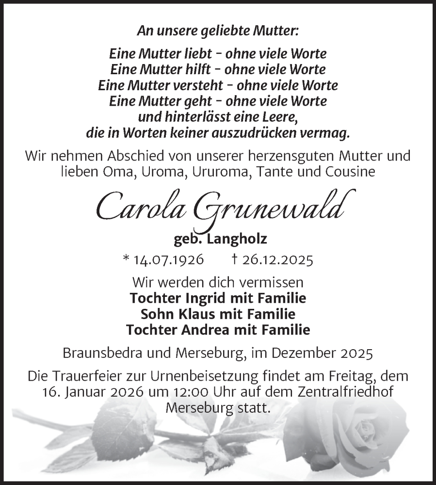  Traueranzeige für Carola Grunewald vom 10.01.2026 aus Trauerkombi Merseburg