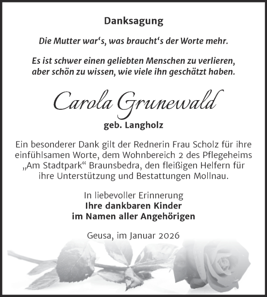 Traueranzeige von Carola Grunewald von Trauerkombi Merseburg
