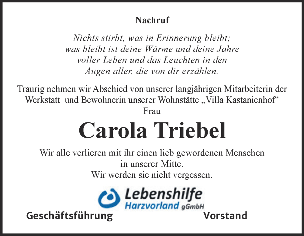  Traueranzeige für Carola Triebel vom 24.01.2026 aus Super Sonntag Aschersleben