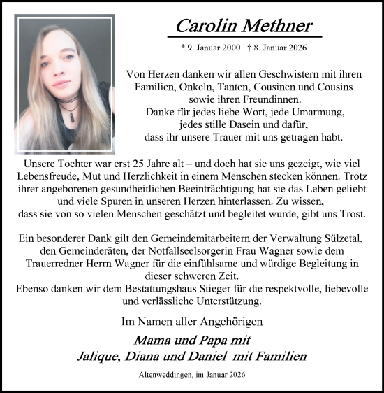 Traueranzeige von Carolin Methner von Volksstimme Oschersleben/Wanzleben