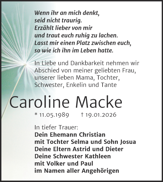 Traueranzeige von Caroline Macke von Mitteldeutsche Zeitung Halle/Saalkreis