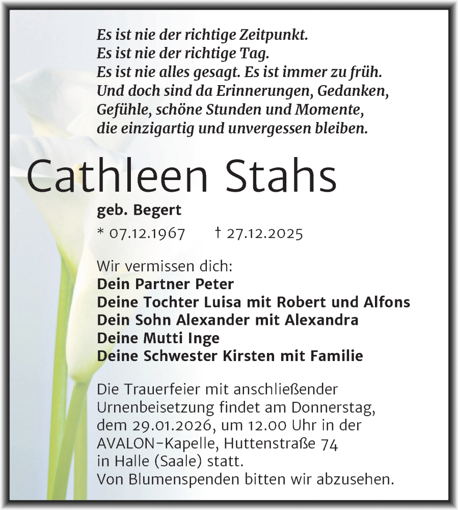  Traueranzeige für Cathleen Stahs vom 17.01.2026 aus Mitteldeutsche Zeitung Halle/Saalkreis