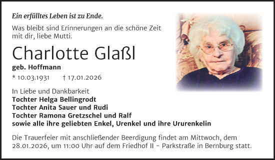 Traueranzeige von Charlotte Glaßl von Trauerkombi Bernburg