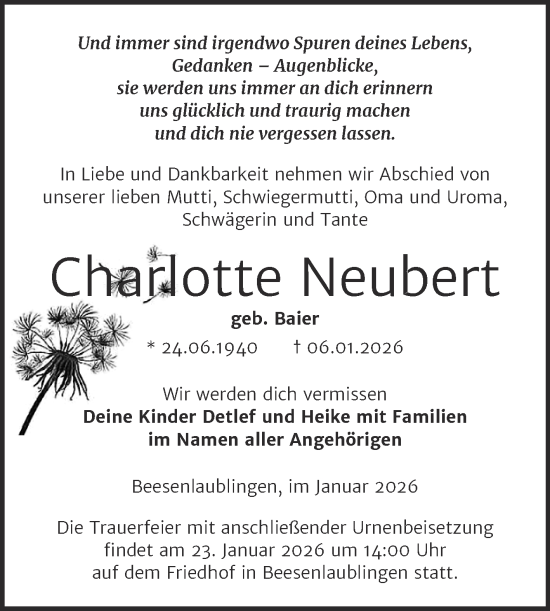 Traueranzeige von Charlotte Neubert von Trauerkombi Bernburg