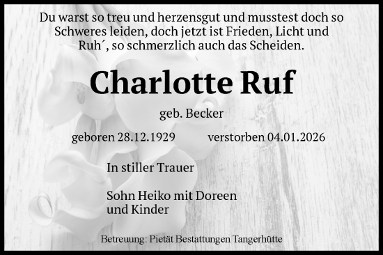 Traueranzeige von Charlotte Ruf von Volksstimme Altmark Ost
