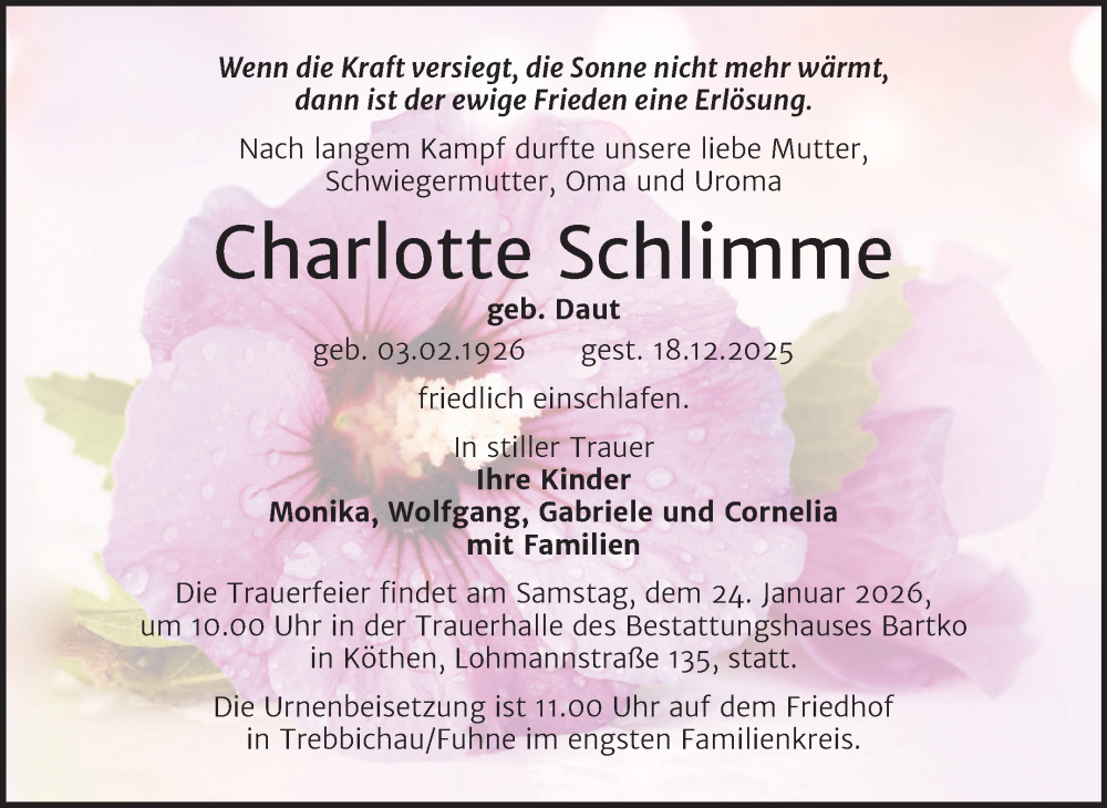 Traueranzeige für Charlotte Schlimme vom 03.01.2026 aus Trauerkombi Köthen