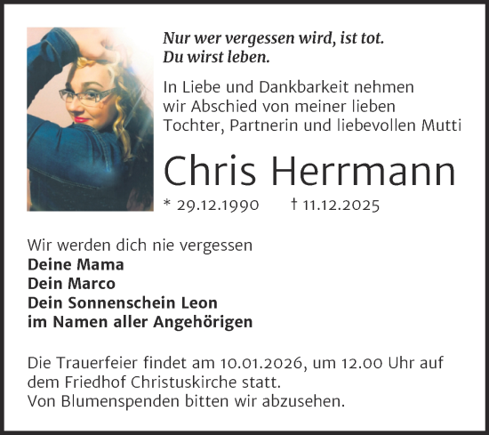 Traueranzeige von Chris Herrmann von Trauerkombi Wittenberg