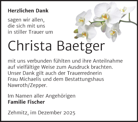 Traueranzeige von Christa Baetger von Trauerkombi Köthen