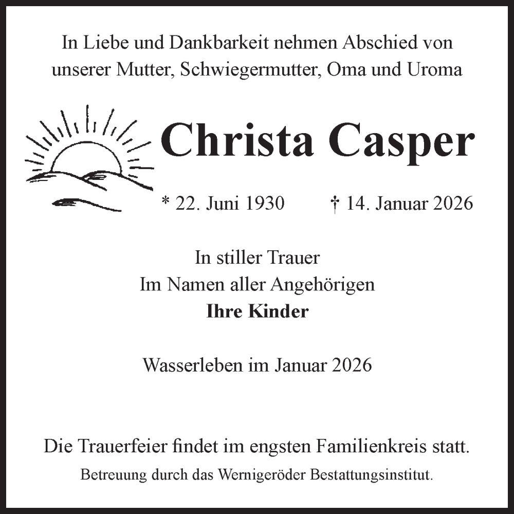  Traueranzeige für Christa Casper vom 24.01.2026 aus Volksstimme Wernigerode