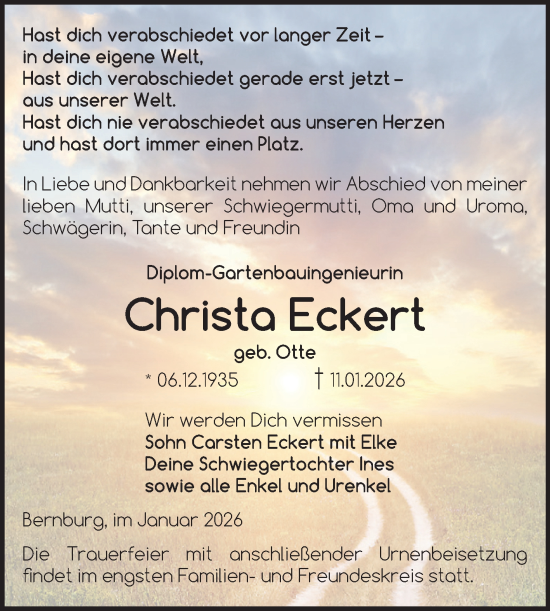 Traueranzeige von Christa Eckert von Trauerkombi Bernburg