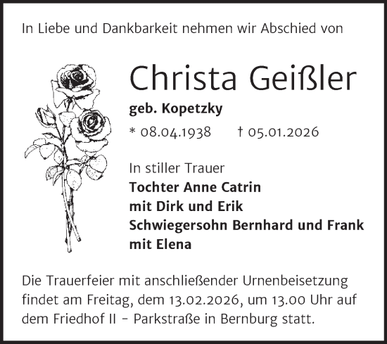 Traueranzeige von Christa Geißler von Trauerkombi Bernburg