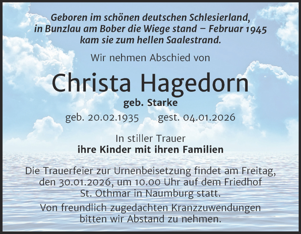  Traueranzeige für Christa Hagedorn vom 17.01.2026 aus Super Sonntag Naumburg/Nebra