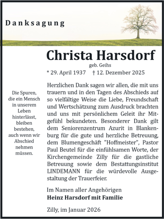 Traueranzeige von Christa Harsdorf von Volksstimme Halberstadt
