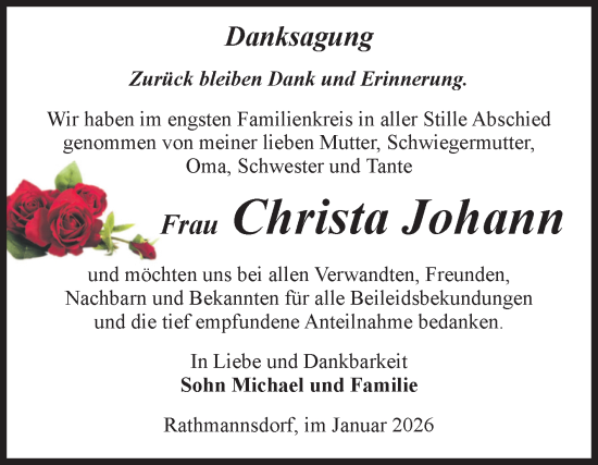 Traueranzeige von Christa Johann von Volksstimme Staßfurt