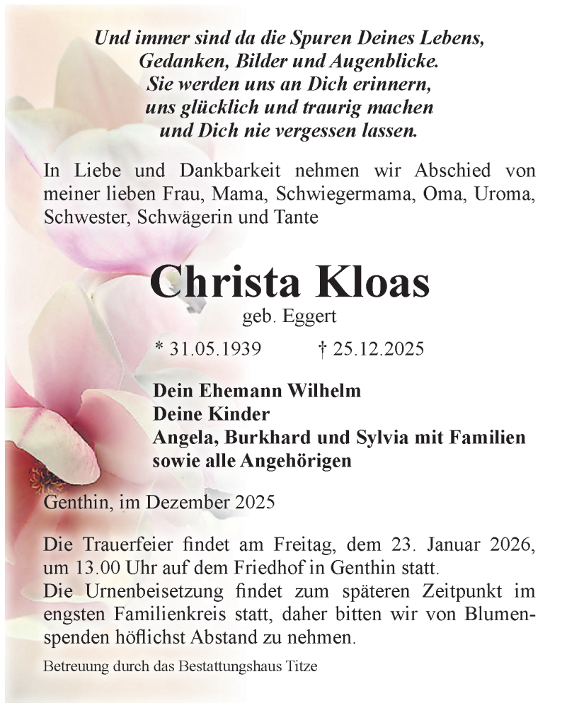  Traueranzeige für Christa Kloas vom 10.01.2026 aus Volksstimme Burg/Genthin
