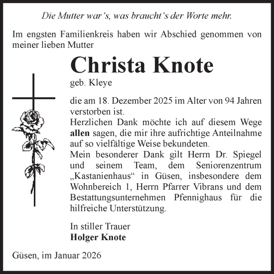 Traueranzeige von Christa Knote von Volksstimme Burg/Genthin